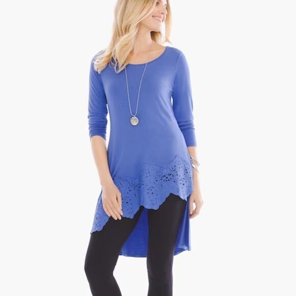 Chicos Eyelet Blue Lace Trim Tunic Size Small - Picture 1 of 6